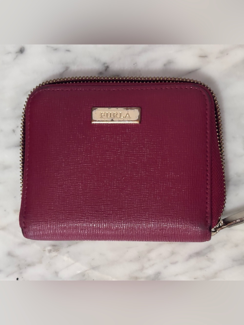 Furla Saffiano Zip Wallet in Deep Berry with Gold Hardware
